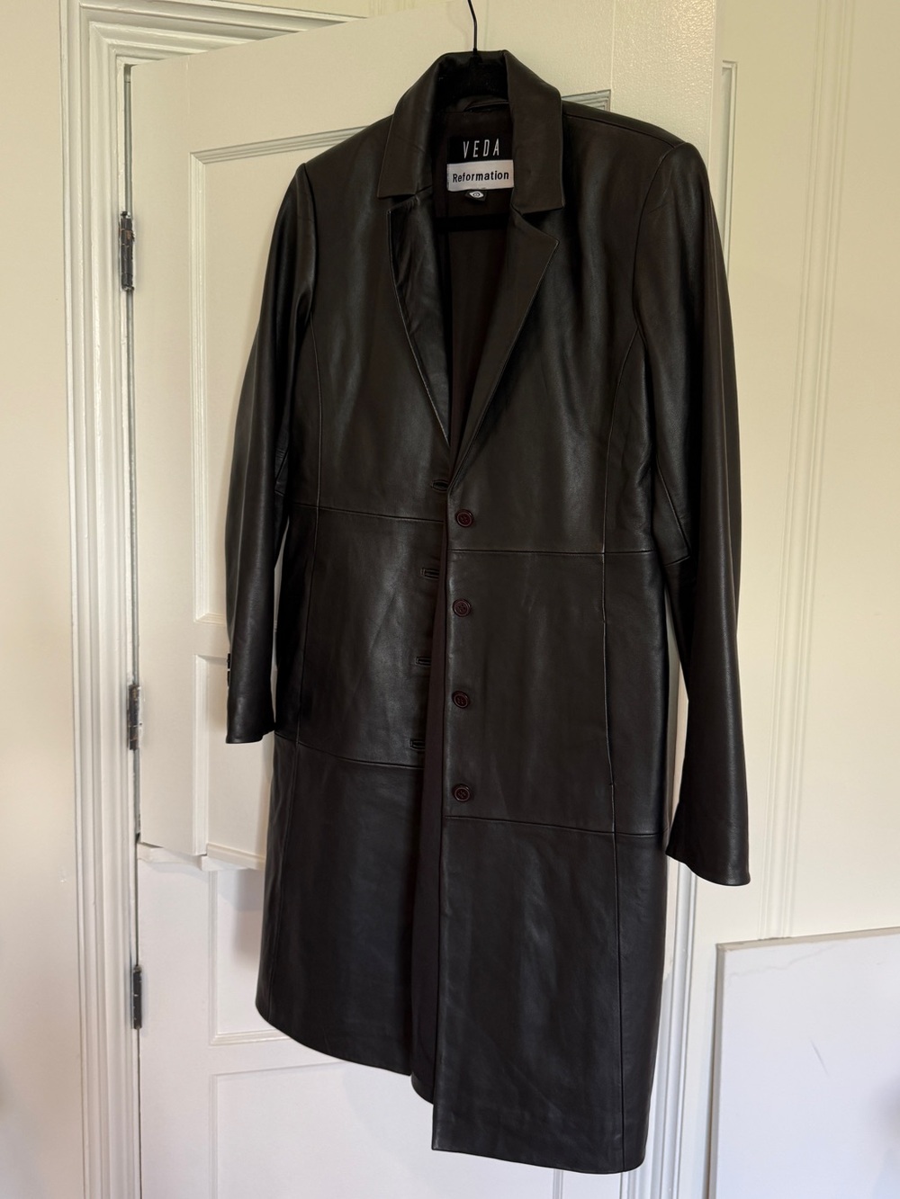 Veda x Reformation Crosby longline leather blazer
